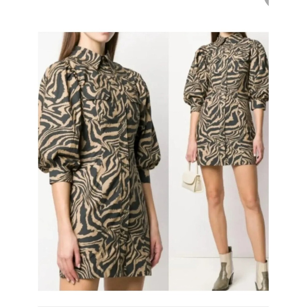 Ganni Zebra Print Mini Dress Womens Sz 2 Organic Cotton Puff Sleeve High Neck